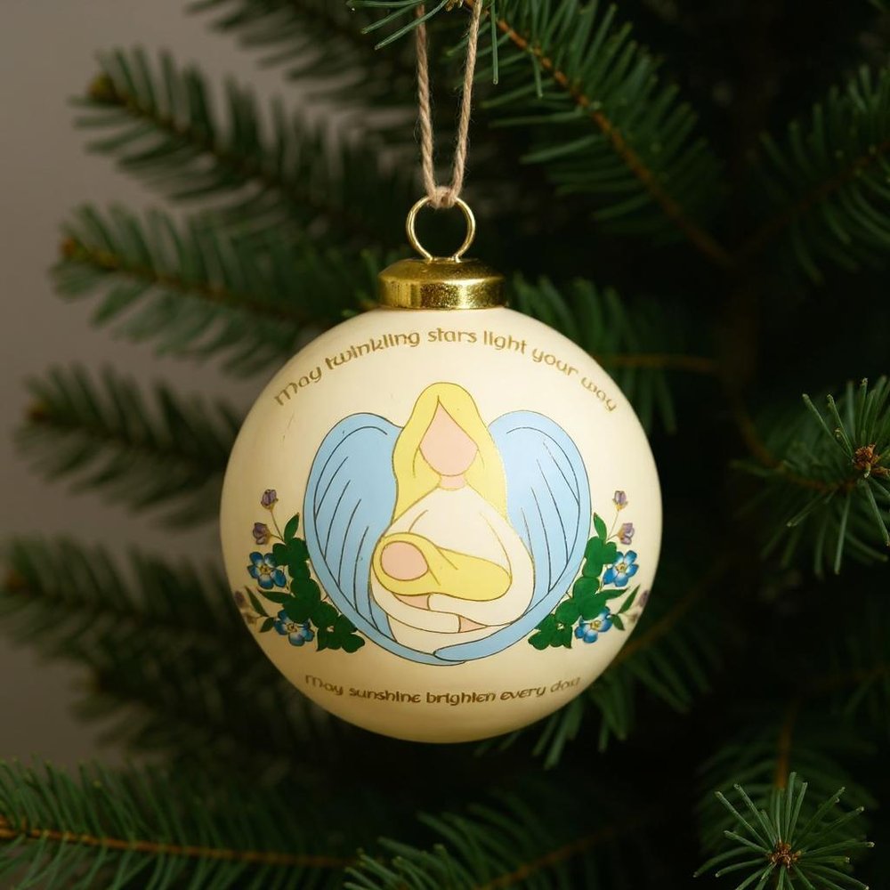 A blessing for Baby Irish Hand Painted Cream Light Blue And Yellow Glass Ball Ornament HomeRoots