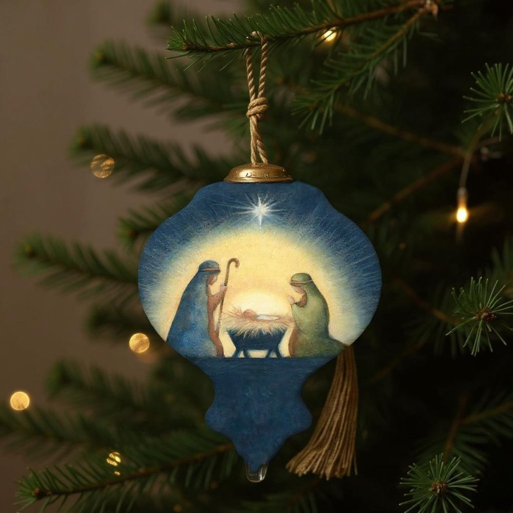 Joy to the World Hand Painted Blue And Brown Glass Finial Ornament HomeRoots