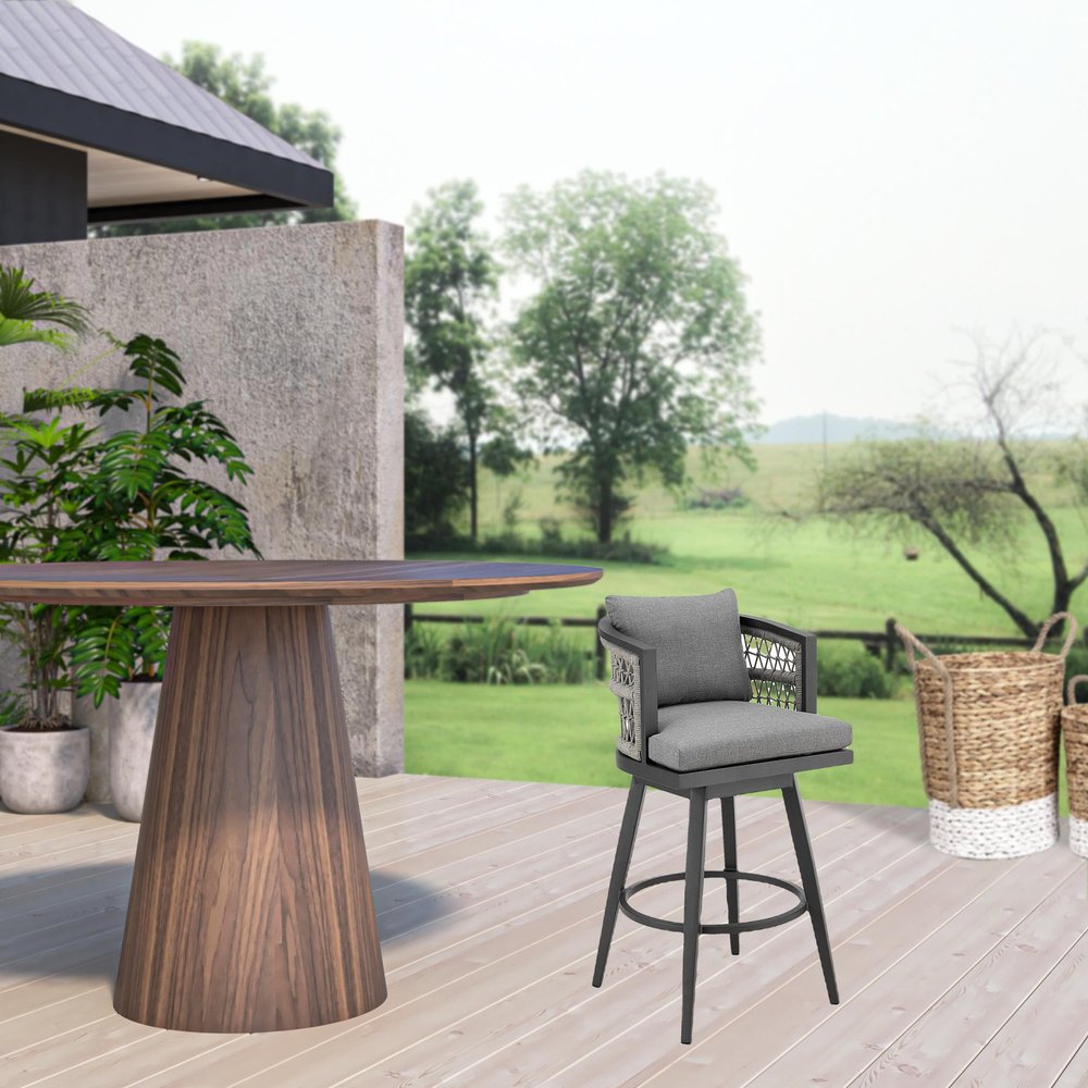 37" Gray Metal Swivel Outdoor Counter Height Bar chair with Footrest HomeRoots