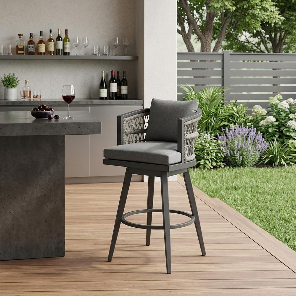 37" Gray Metal Swivel Outdoor Counter Height Bar chair with Footrest HomeRoots