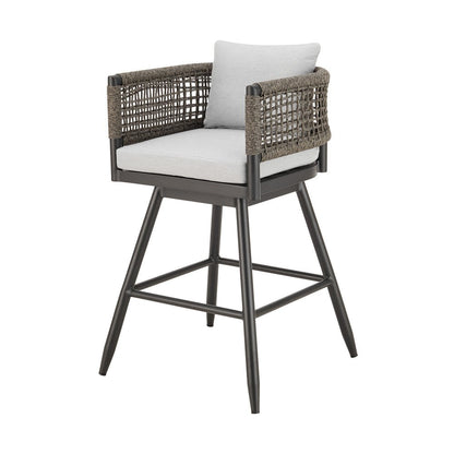 35" Light Gray Metal Swivel Low back Outdoor Counter Height Bar chair with Footrest HomeRoots