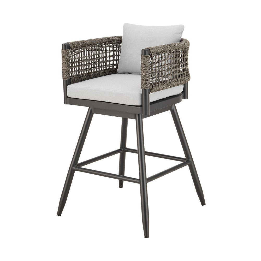 35" Light Gray Metal Swivel Low back Outdoor Counter Height Bar chair with Footrest HomeRoots