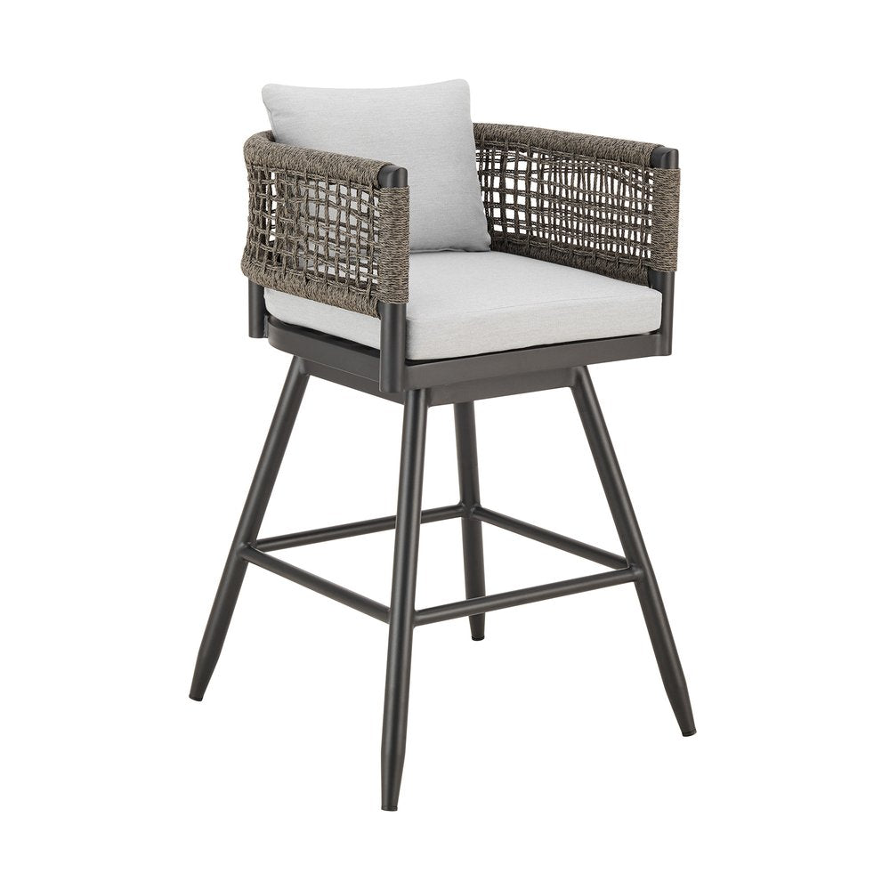 35" Light Gray Metal Swivel Low back Outdoor Counter Height Bar chair with Footrest HomeRoots