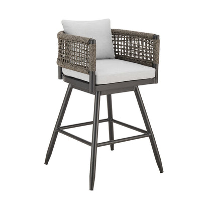 35" Light Gray Metal Swivel Low back Outdoor Counter Height Bar chair with Footrest HomeRoots