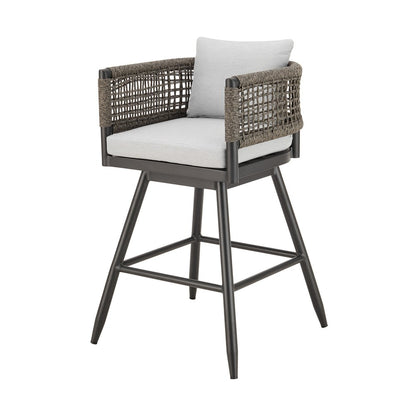30" Black and Light Gray Aluminum Swivel Rope Back Outdoor Bar Height Chair with Footrest