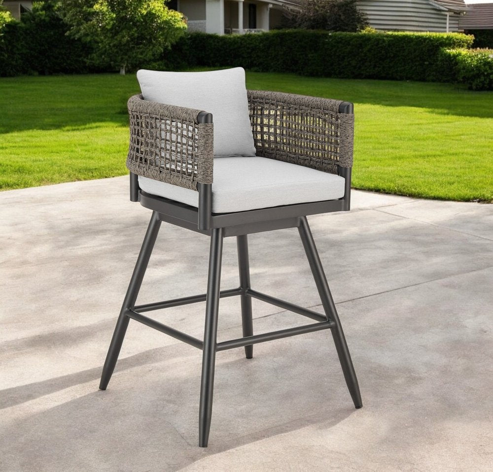 30" Black and Light Gray Aluminum Swivel Rope Back Outdoor Bar Height Chair with Footrest HomeRoots
