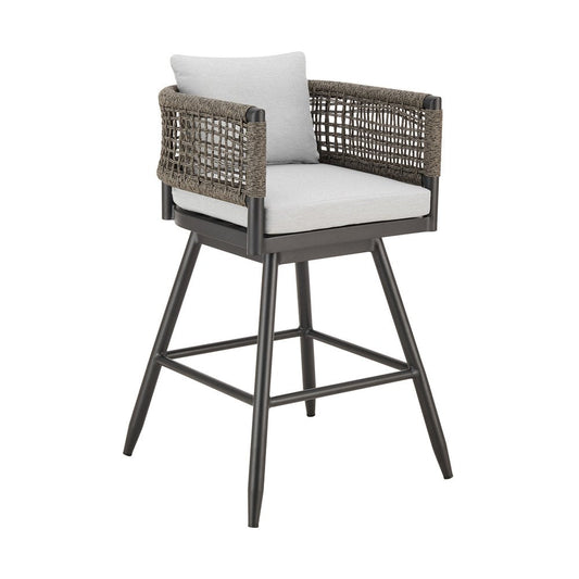 30" Black and Light Gray Aluminum Swivel Rope Back Outdoor Bar Height Chair with Footrest HomeRoots