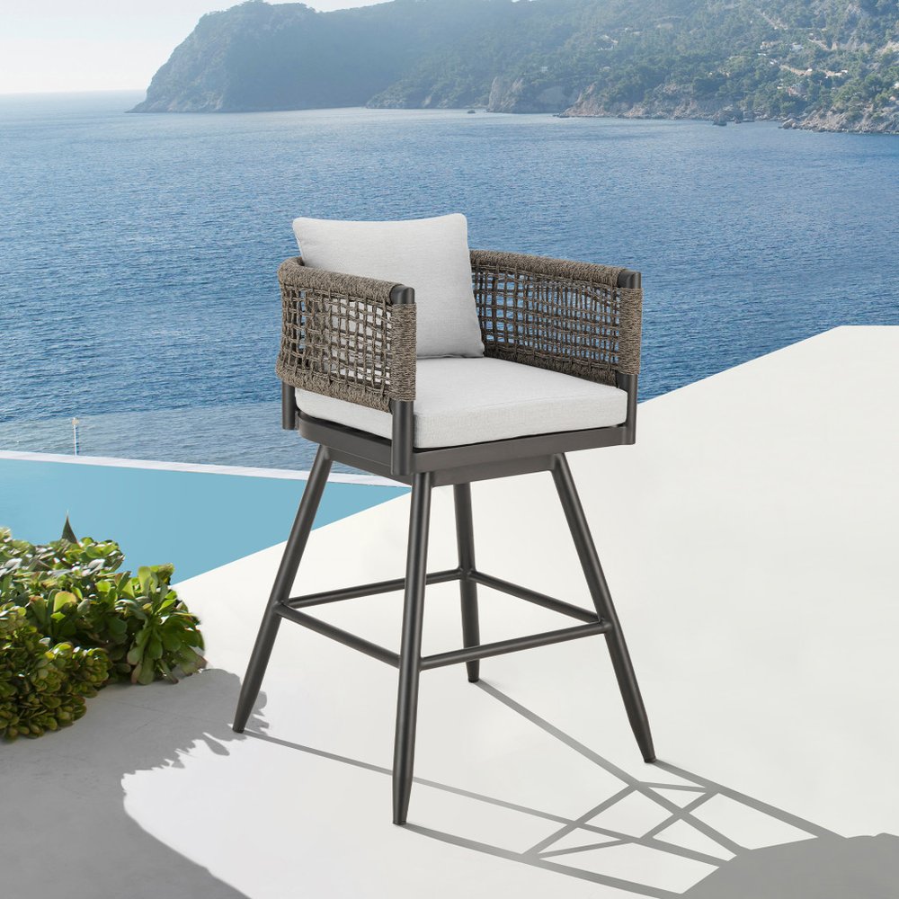 30" Black and Light Gray Aluminum Swivel Rope Back Outdoor Bar Height Chair with Footrest HomeRoots
