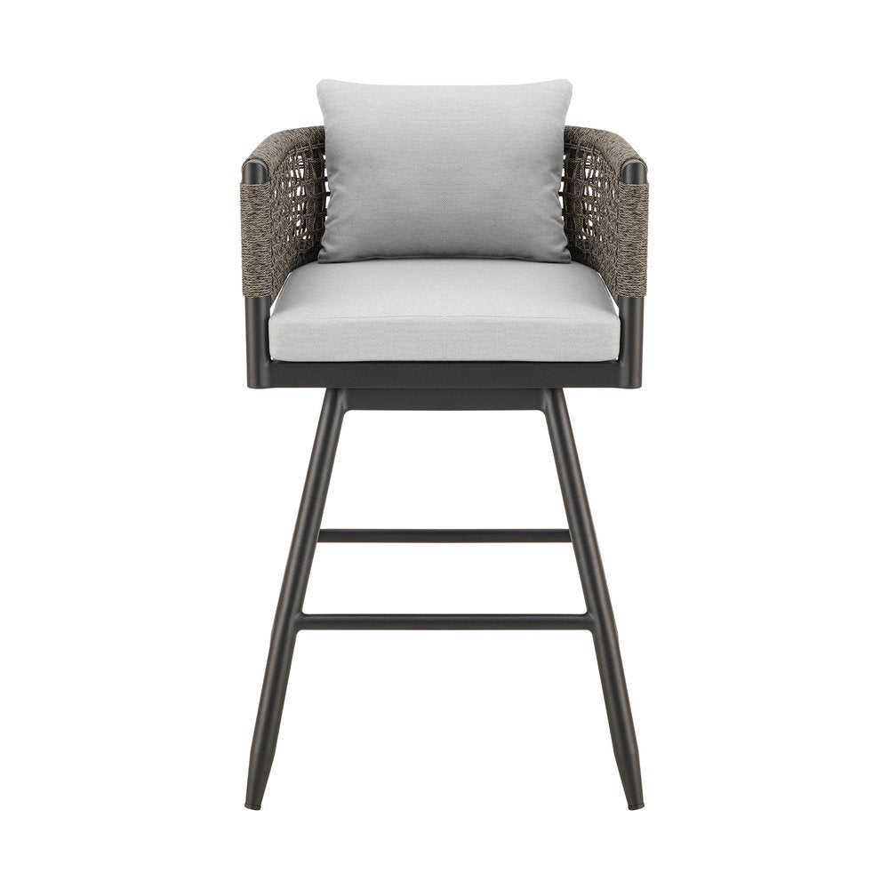 30" Black and Light Gray Aluminum Swivel Rope Back Outdoor Bar Height Chair with Footrest HomeRoots