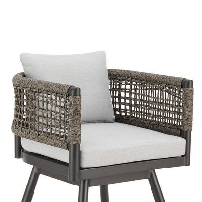 30" Black and Light Gray Aluminum Swivel Rope Back Outdoor Bar Height Chair with Footrest HomeRoots