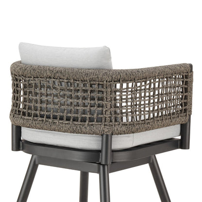 30" Black and Light Gray Aluminum Swivel Rope Back Outdoor Bar Height Chair with Footrest HomeRoots