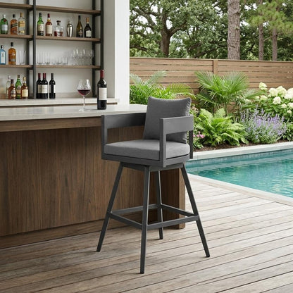 34" Dark Gray Metal Swivel Low back Outdoor Counter Height Bar chair with Footrest HomeRoots