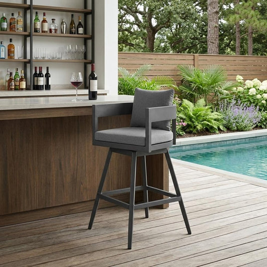 34" Dark Gray Metal Swivel Low back Outdoor Counter Height Bar chair with Footrest HomeRoots