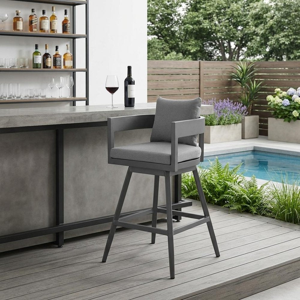 39" Dark Gray Metal Swivel Low back Outdoor Bar Height chair with Footrest — view 12