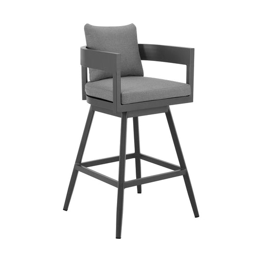 39" Dark Gray Metal Swivel Low back Outdoor Bar Height chair with Footrest HomeRoots