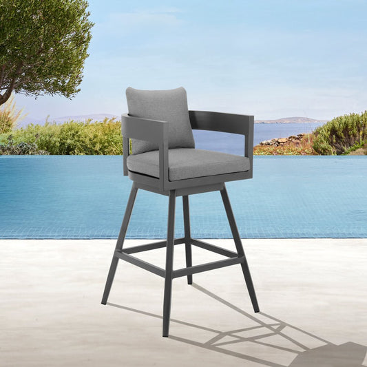 39" Dark Gray Metal Swivel Low back Outdoor Bar Height chair with Footrest HomeRoots