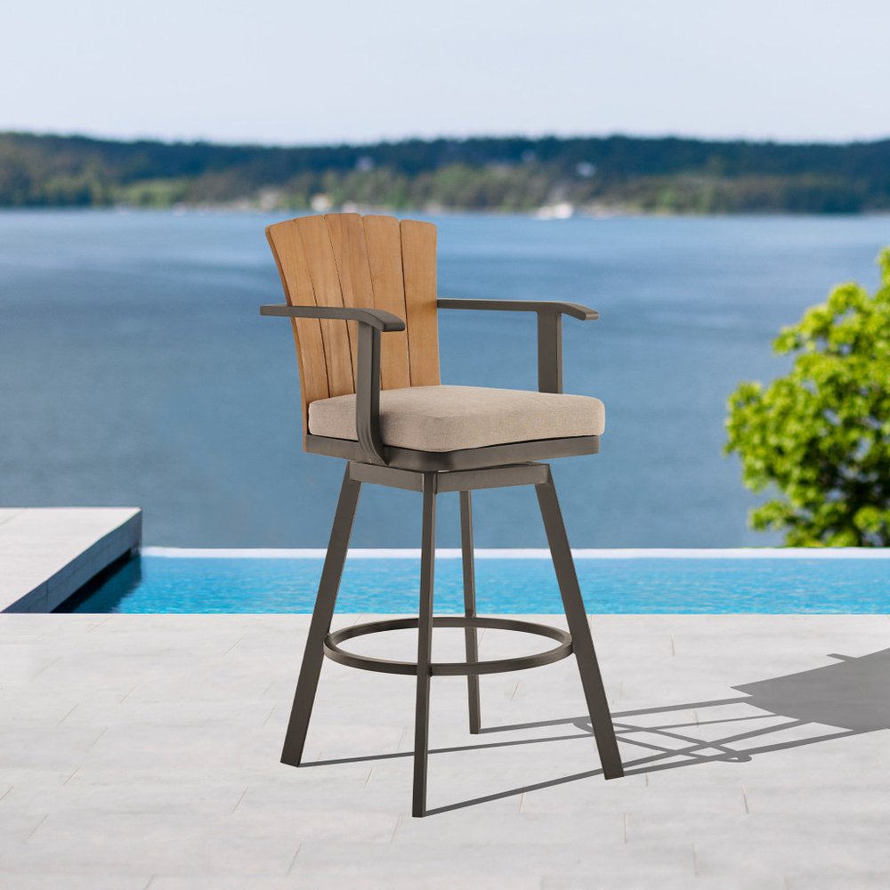 40" Brown Metal Swivel Outdoor Counter Height Bar chair with Footrest HomeRoots