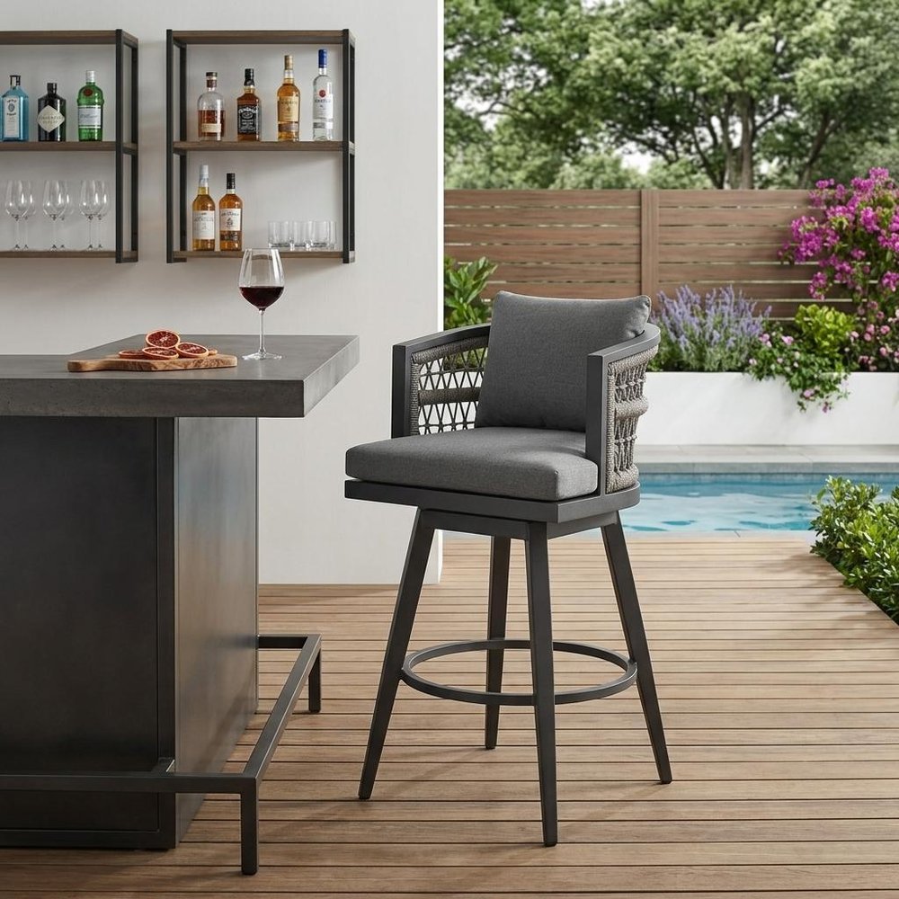 40" Gray Metal Swivel Outdoor Bar Height chair with Footrest HomeRoots