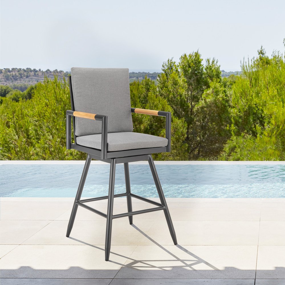 48" Dark Gray Metal Swivel Outdoor Bar Height chair with Footrest HomeRoots