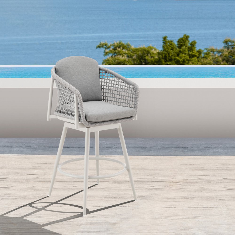 44" Light Gray Metal Swivel Outdoor Bar Height chair with Footrest HomeRoots