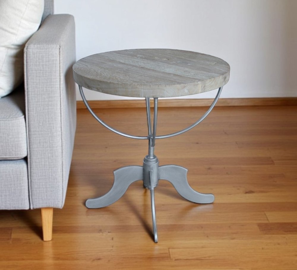 30" Brown Reclaimed Wood and Iron Round Pedestal End Table HomeRoots