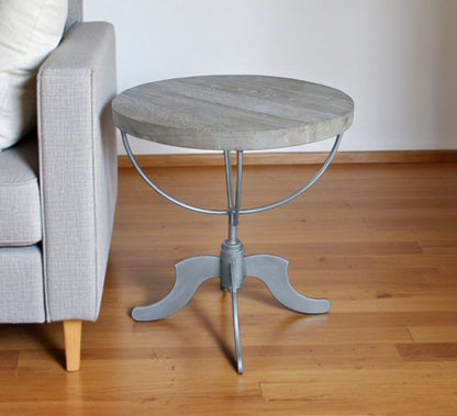 30" Brown Reclaimed Wood and Iron Round Pedestal End Table HomeRoots