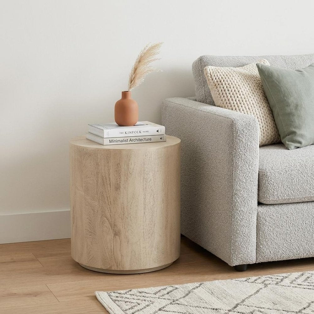 20" Natural Distressed Solid Wood Round Drum End Table — view 1