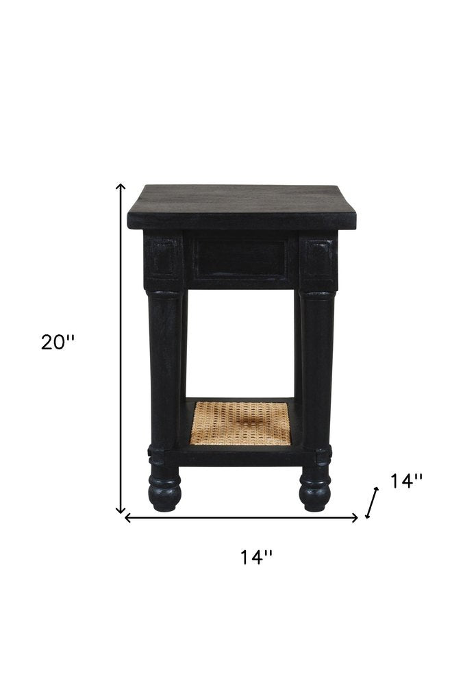 20" Black And Natural Solid Wood And Cane Square End Table With Shelf HomeRoots