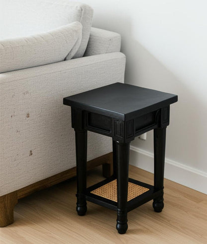 20" Black And Natural Solid Wood And Cane Square End Table With Shelf HomeRoots