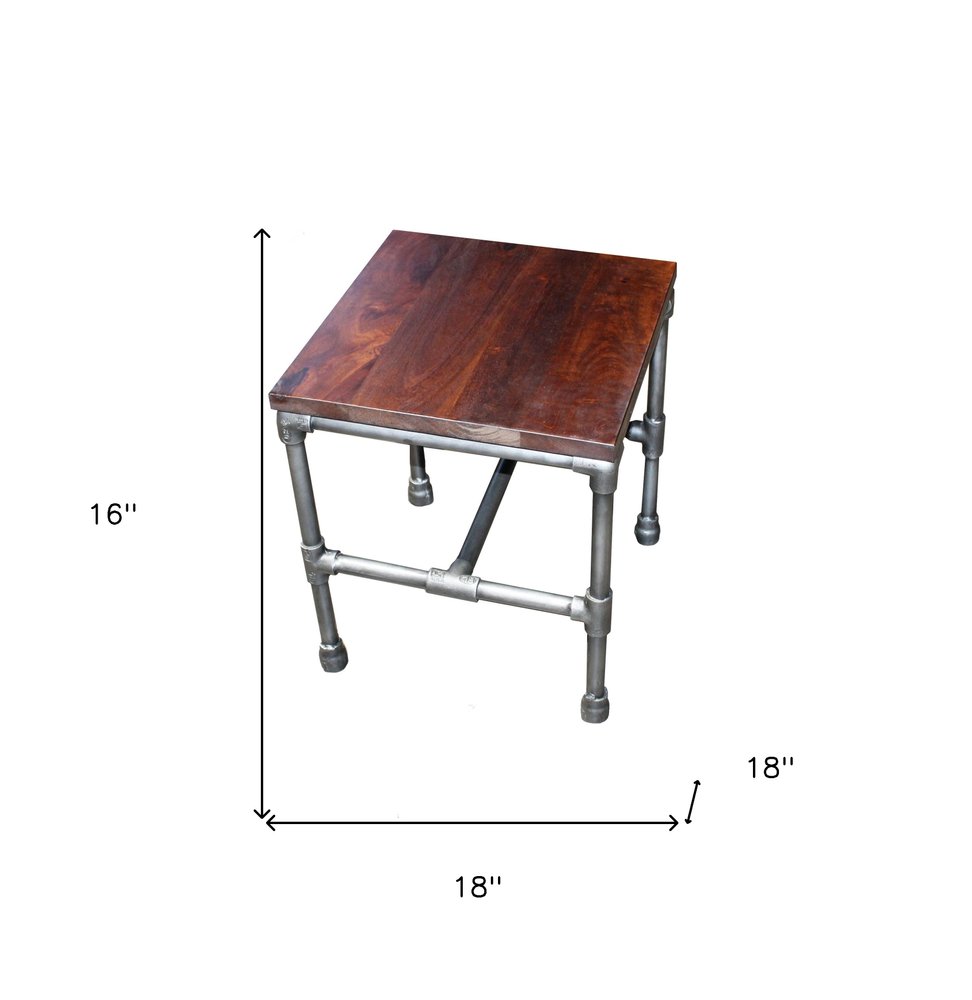 16" Brown and Silver Distressed Solid Wood and Iron Square End Table HomeRoots