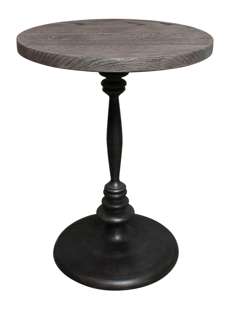 21" Natural and Black Distressed Solid Wood and Iron Round Pedestal End Table — view 1