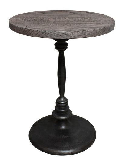 21" Natural and Black Distressed Solid Wood and Iron Round Pedestal End Table HomeRoots