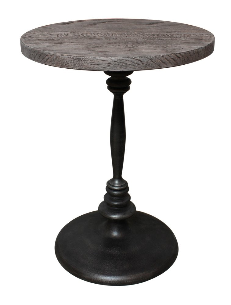 21" Natural and Black Distressed Solid Wood and Iron Round Pedestal End Table — view 5