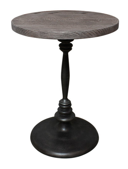 21" Natural and Black Distressed Solid Wood and Iron Round Pedestal End Table HomeRoots