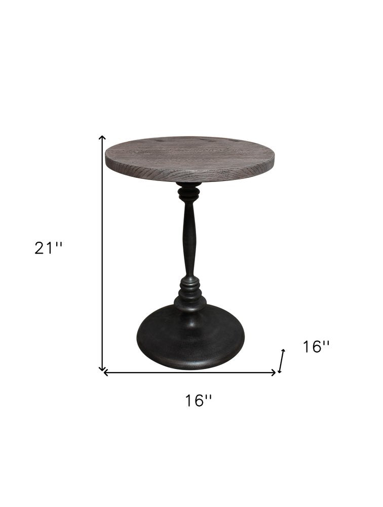 21" Natural and Black Distressed Solid Wood and Iron Round Pedestal End Table HomeRoots