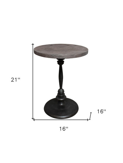 21" Natural and Black Distressed Solid Wood and Iron Round Pedestal End Table HomeRoots
