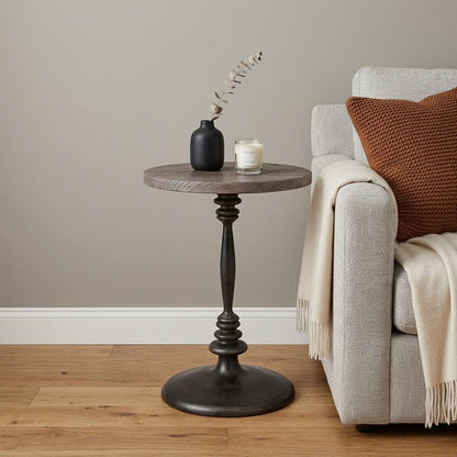 21" Natural and Black Distressed Solid Wood and Iron Round Pedestal End Table HomeRoots