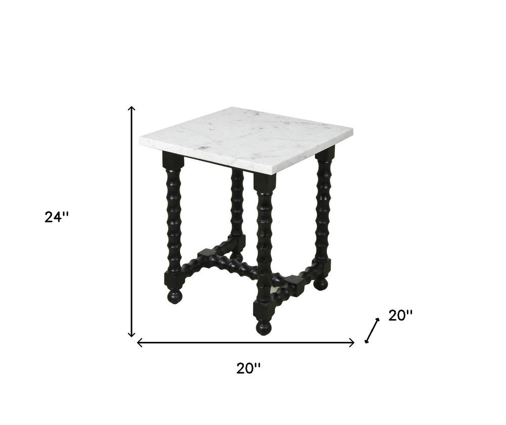 24" White and Black Marble and Solid Wood Square Trestle End Table HomeRoots