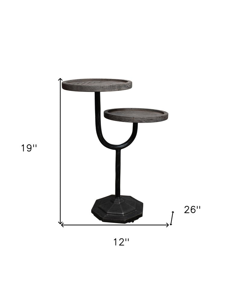 19" Natural and Black Solid Wood and Iron Round Double Tray Top End Table HomeRoots