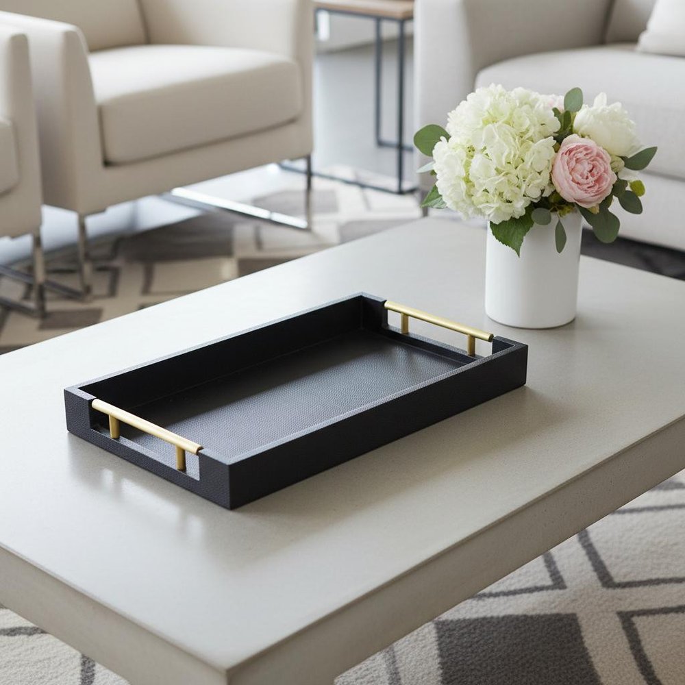 16" Black Wood Faux Shagreen Serving Tray With Handles HomeRoots