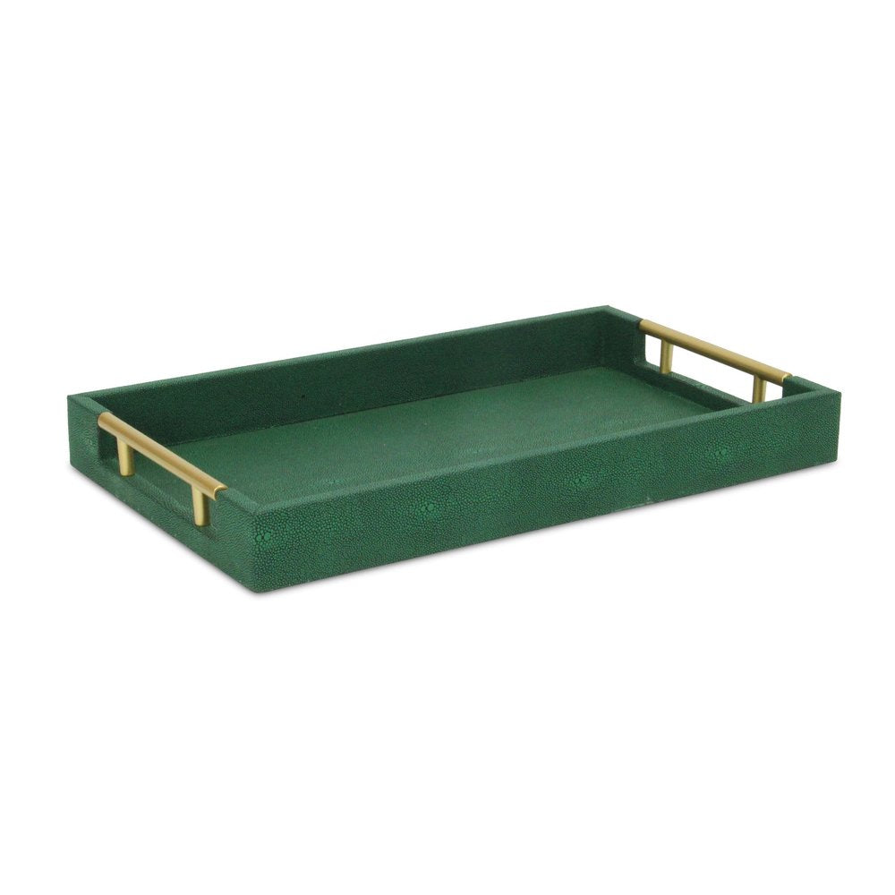 16" Green Wood Wood Faux Shagreen Serving Tray With Handles HomeRoots