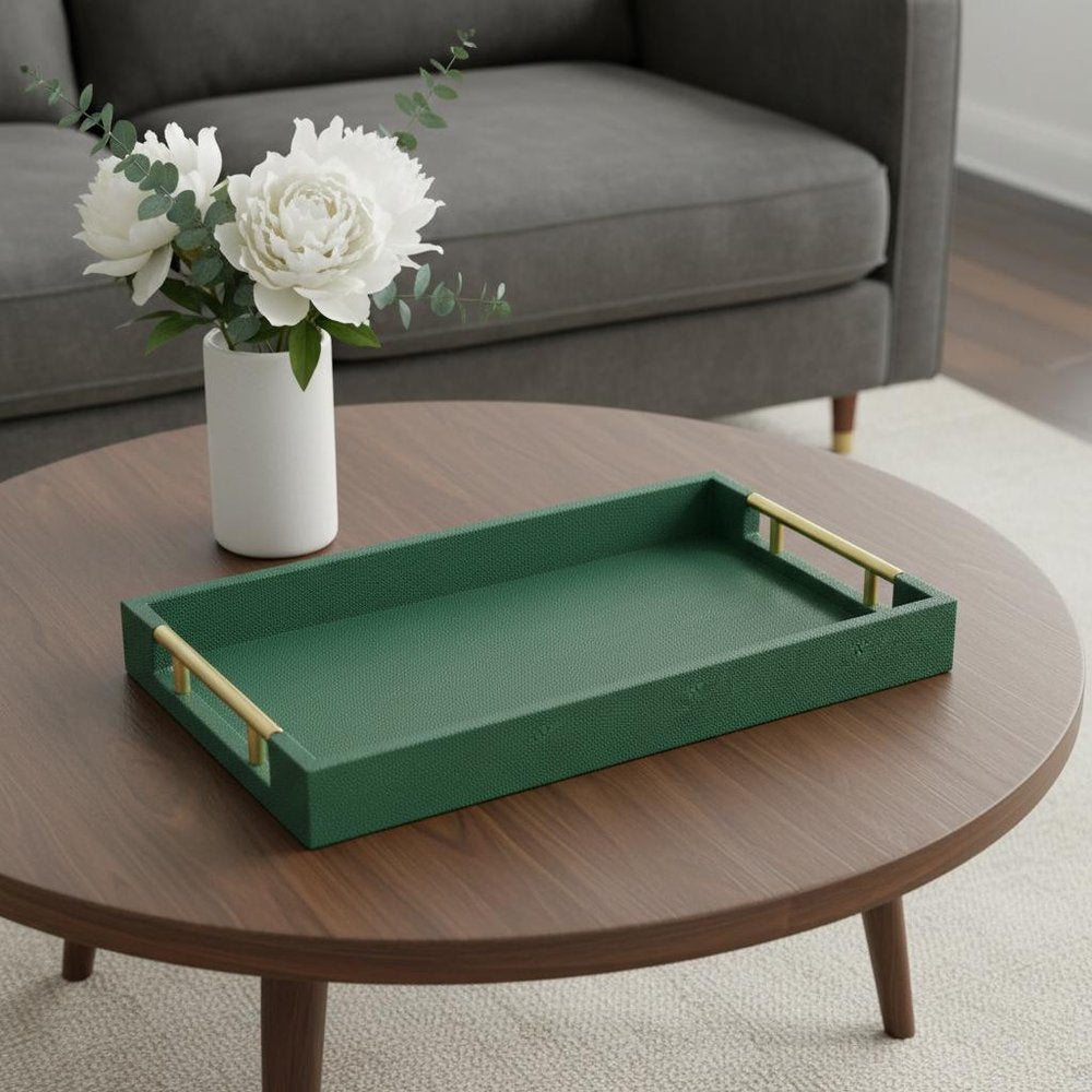 16" Green Wood Wood Faux Shagreen Serving Tray With Handles HomeRoots