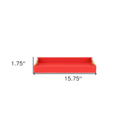 16" Red Wood and Vinyl Faux Shagreen Handmade Serving Tray With Handles HomeRoots