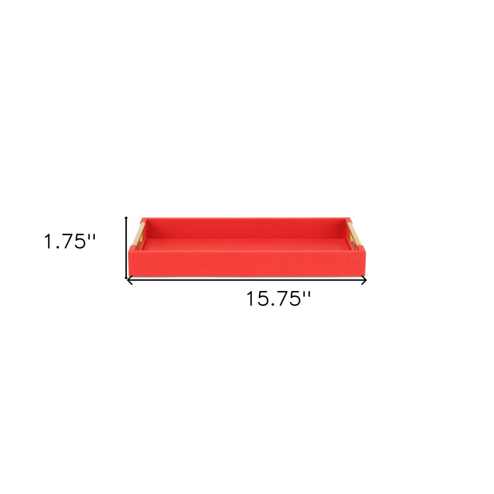 16" Red Wood and Vinyl Faux Shagreen Handmade Serving Tray With Handles HomeRoots