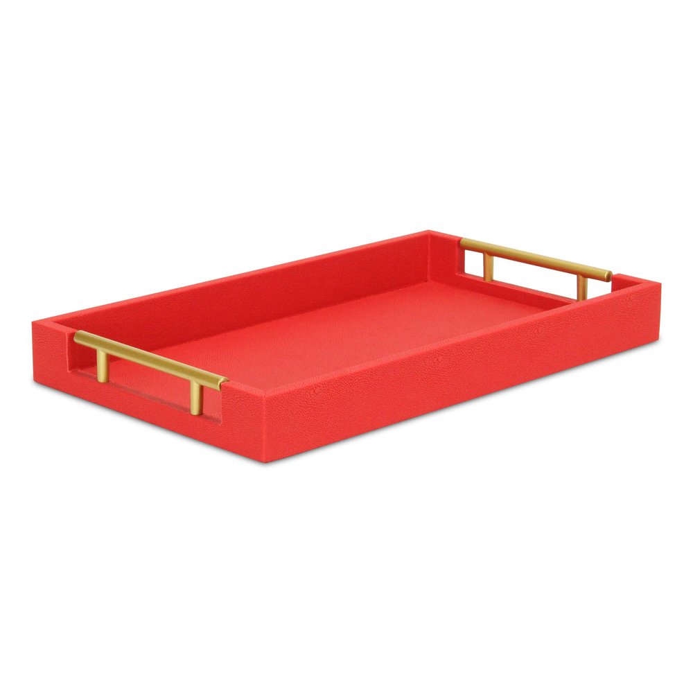 16" Red Wood and Vinyl Faux Shagreen Handmade Serving Tray With Handles HomeRoots