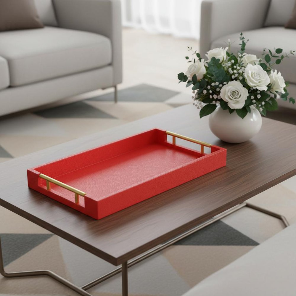 16" Red Wood and Vinyl Faux Shagreen Handmade Serving Tray With Handles — view 9