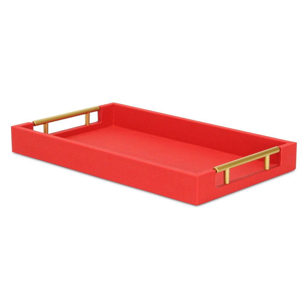 16" Red Wood and Vinyl Faux Shagreen Handmade Serving Tray With Handles HomeRoots