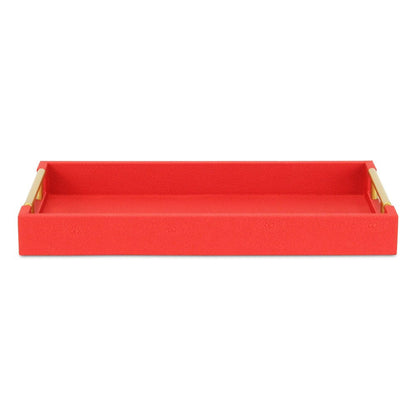 16" Red Wood and Vinyl Faux Shagreen Handmade Serving Tray With Handles HomeRoots