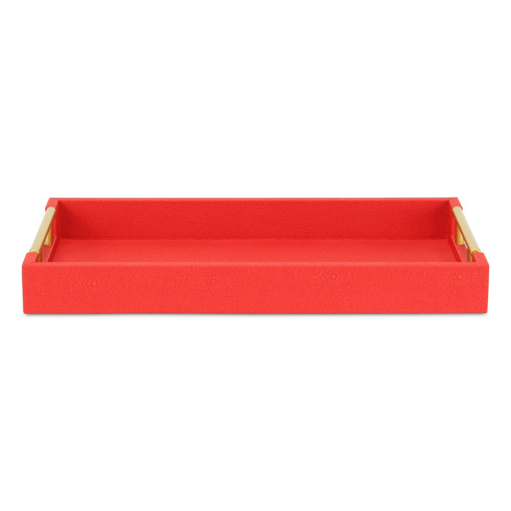 16" Red Wood and Vinyl Faux Shagreen Handmade Serving Tray With Handles HomeRoots