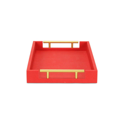 16" Red Wood and Vinyl Faux Shagreen Handmade Serving Tray With Handles HomeRoots